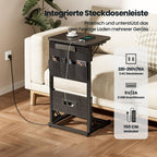 Mesa Auxiliar en Forma de C con Estación de Carga - Mesa Auxiliar Compacta para Sofá, Altura Ajustable de 3 Niveles (66-72Cm/25.9-28.3In), Mesa de Noche Plegable con Bolsillos de Almacenamiento para Espacios Pequeños, Dormitorio, Sala de Estar
