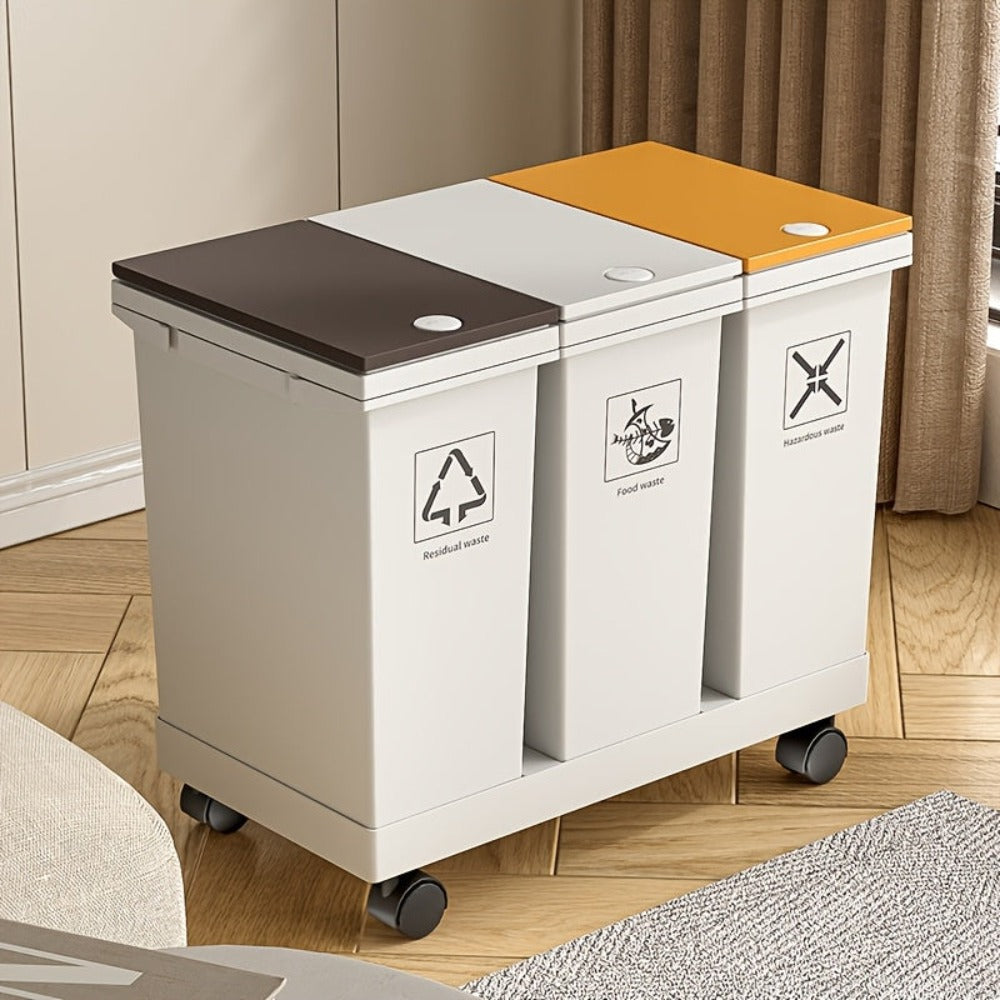 Cubo de basura de cocina de gran capacidad de 60L/36L/24L con compartimentos separados - Con ruedas, resistente a los olores, separación de residuos secos y húmedos, forma rectangular, tapas con botón de presión, fácil de limpiar, gestión de residuos de c