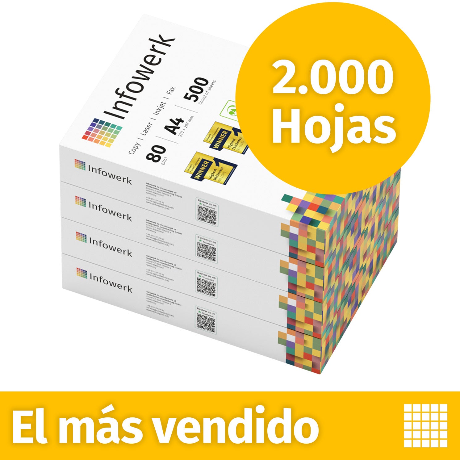 Infowerk Papel para Impresora, Papel de Copiadora 2000 Hojas 4 X 500 A4 80G Blanco Premium Certificado PEFC