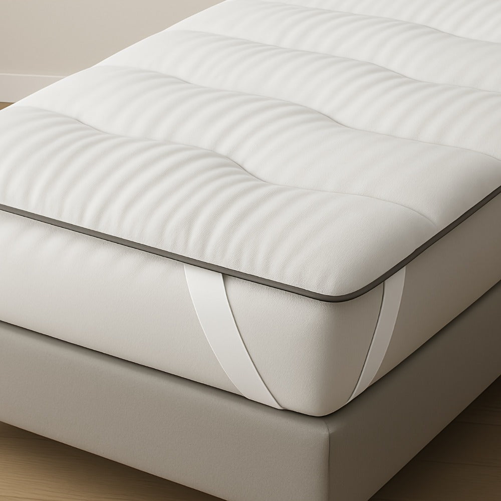 Cubrecolchón suave y transpirable, relleno de fibra rica, tela suave y agradable para la piel, diseño ondulado de moda, correas elásticas para fijación antideslizante, apto para todas las estaciones, compatible con varios tipos de cama, lavable a máquina.