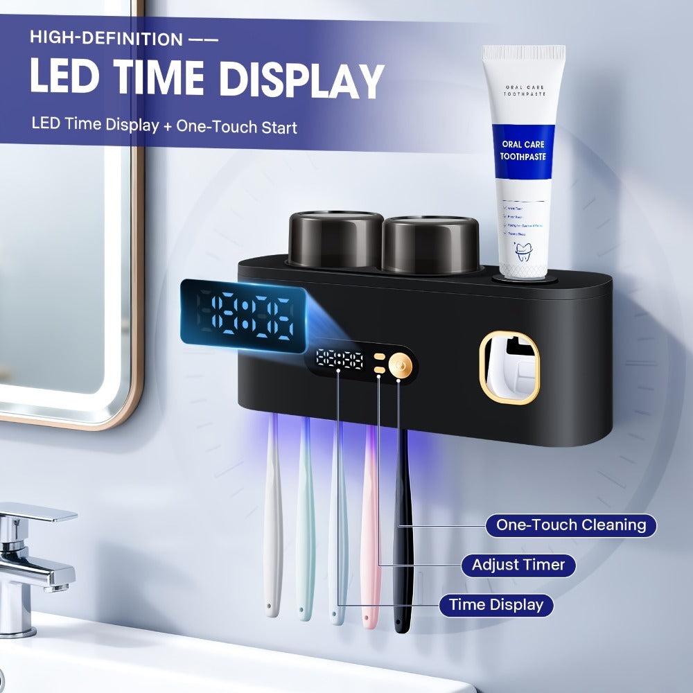 Portacepillos de dientes inteligente de pared automático y dispensador de pasta de dientes con UVC, una operación, panel de visualización, apto para baño, sistema de secado higiénico, ahorra espacio para baños pequeños, exprimidor automático de pasta de d