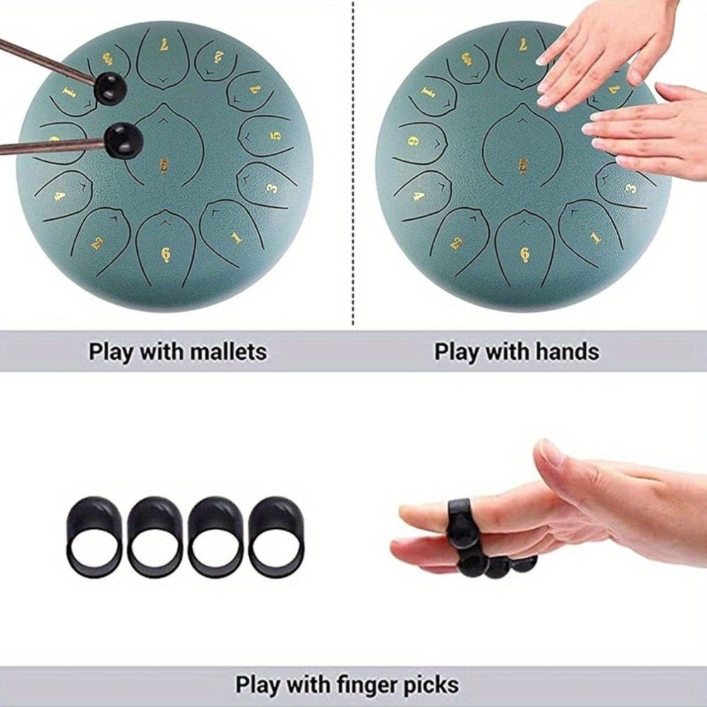 Tambor de lengüetas de acero de 12 pulgadas con 11 notas, completo con mazos de tambor, una bolsa de transporte y palillos de notas para terapia del sonido, meditación y yoga