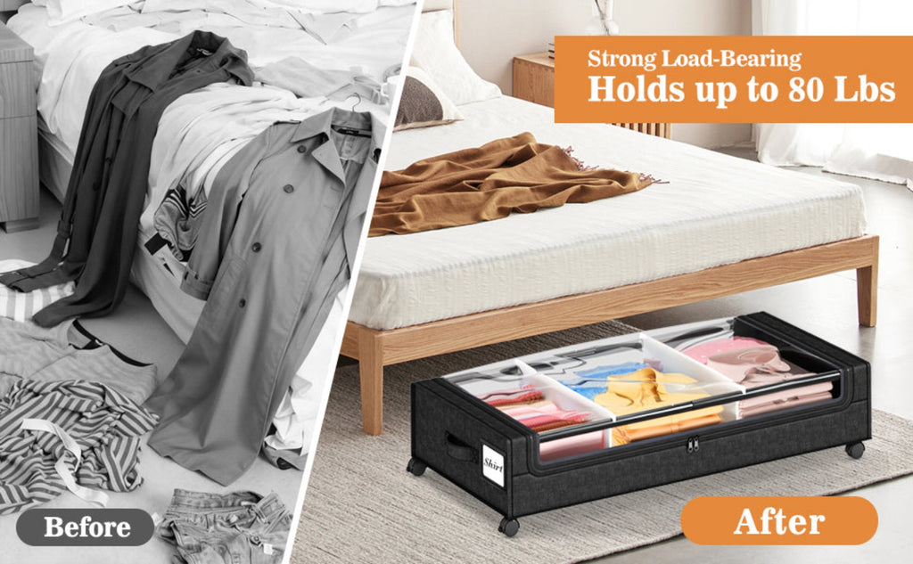 Paquete de 2 cajas de almacenamiento para debajo de la cama con ruedas, organizadores de fábrica Oxford para ropa, cajones de metal con tapa transparente, zapatos, caja de almacenamiento rodante multiusos con ventana transparente