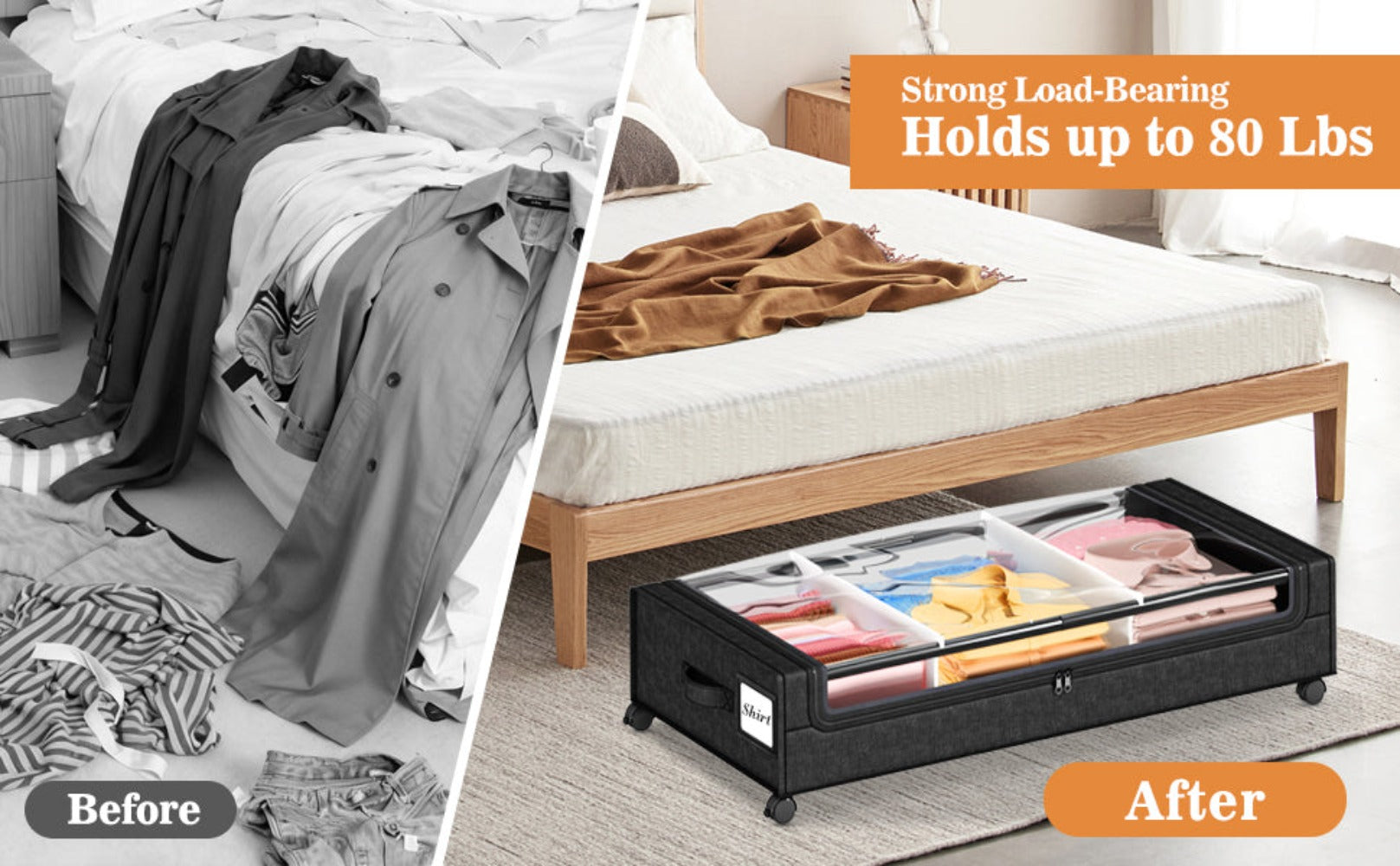 Paquete de 2 cajas de almacenamiento para debajo de la cama con ruedas, organizadores de fábrica Oxford para ropa, cajones de metal con tapa transparente, zapatos, caja de almacenamiento rodante multiusos con ventana transparente