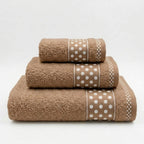 Juego de Toallas de Algodón 100% (3 Piezas) - Incluye Toalla de Tocador, Lavabo y Ducha | Tacto Suave, Ultra Absorbentes con Diseño Elegante de Lunares | Set Premium para Baño