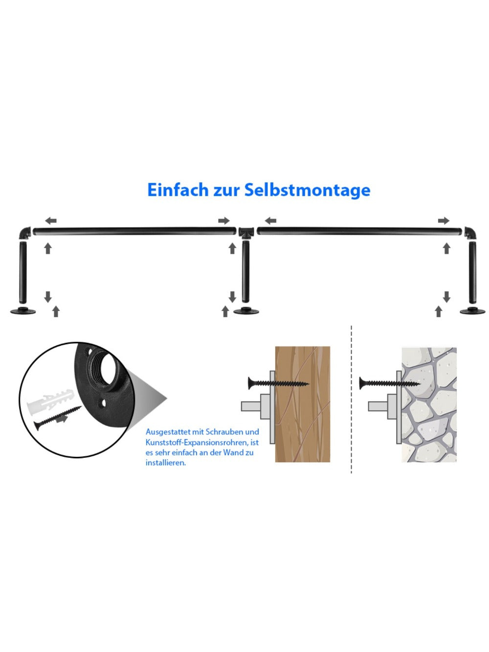 Perchero de tubo industrial de 200 cm para montar en la pared, toallero, barra para prendas de estilo vintage, riel de pared de alta resistencia para colgar y exhibir ropa, para dormitorio y lavadero