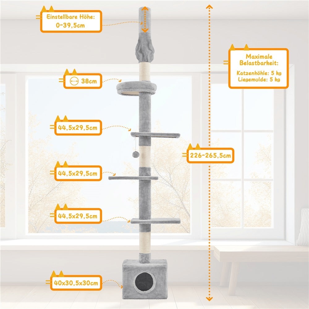 Árbol para gatos Costoffs de techo alto, altura ajustable de 226 cm a 266 cm, poste rascador multinivel con cama para gatos, plataformas y caseta
