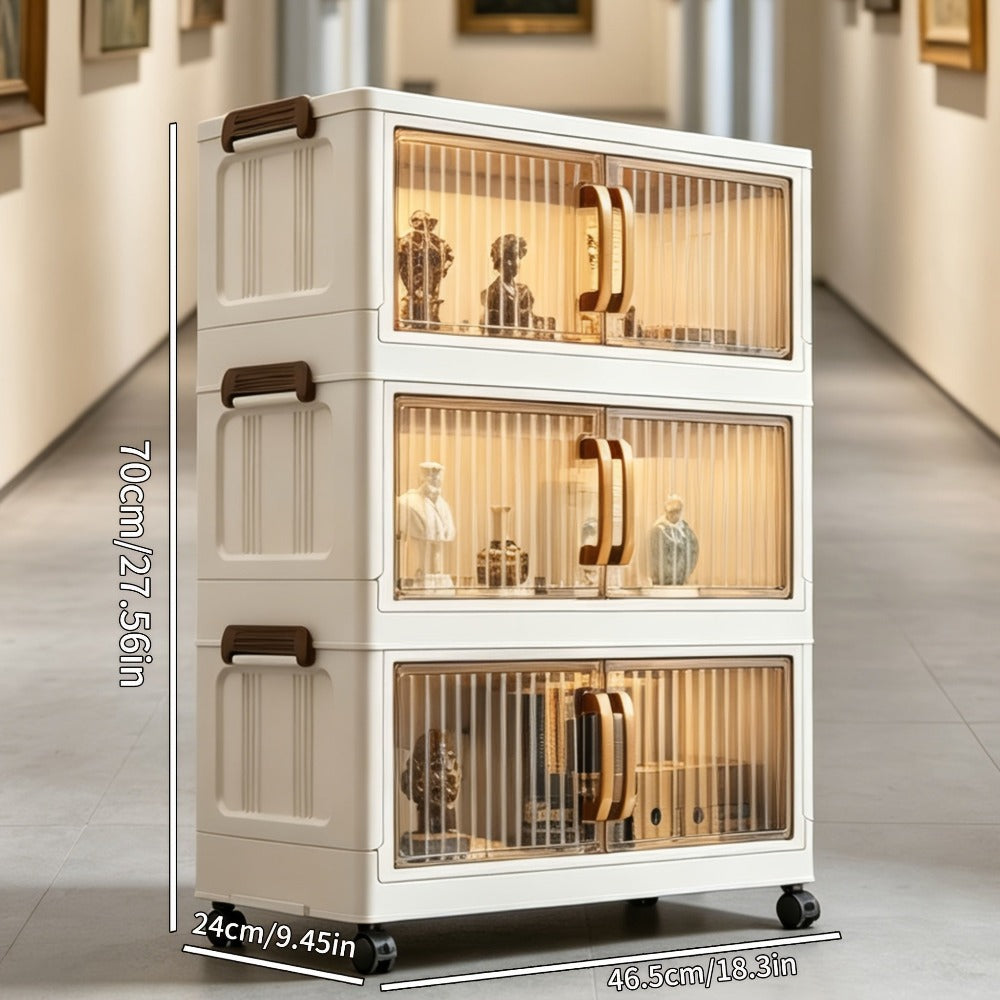 Gabinete de almacenamiento de arte, gabinete de almacenamiento de manualidades, gabinete de almacenamiento de arte con ruedas de 3/4/5 niveles, , plegable, apilable, con puerta transparente y manija dorada, gabinete organizador de manualidades, unidad de