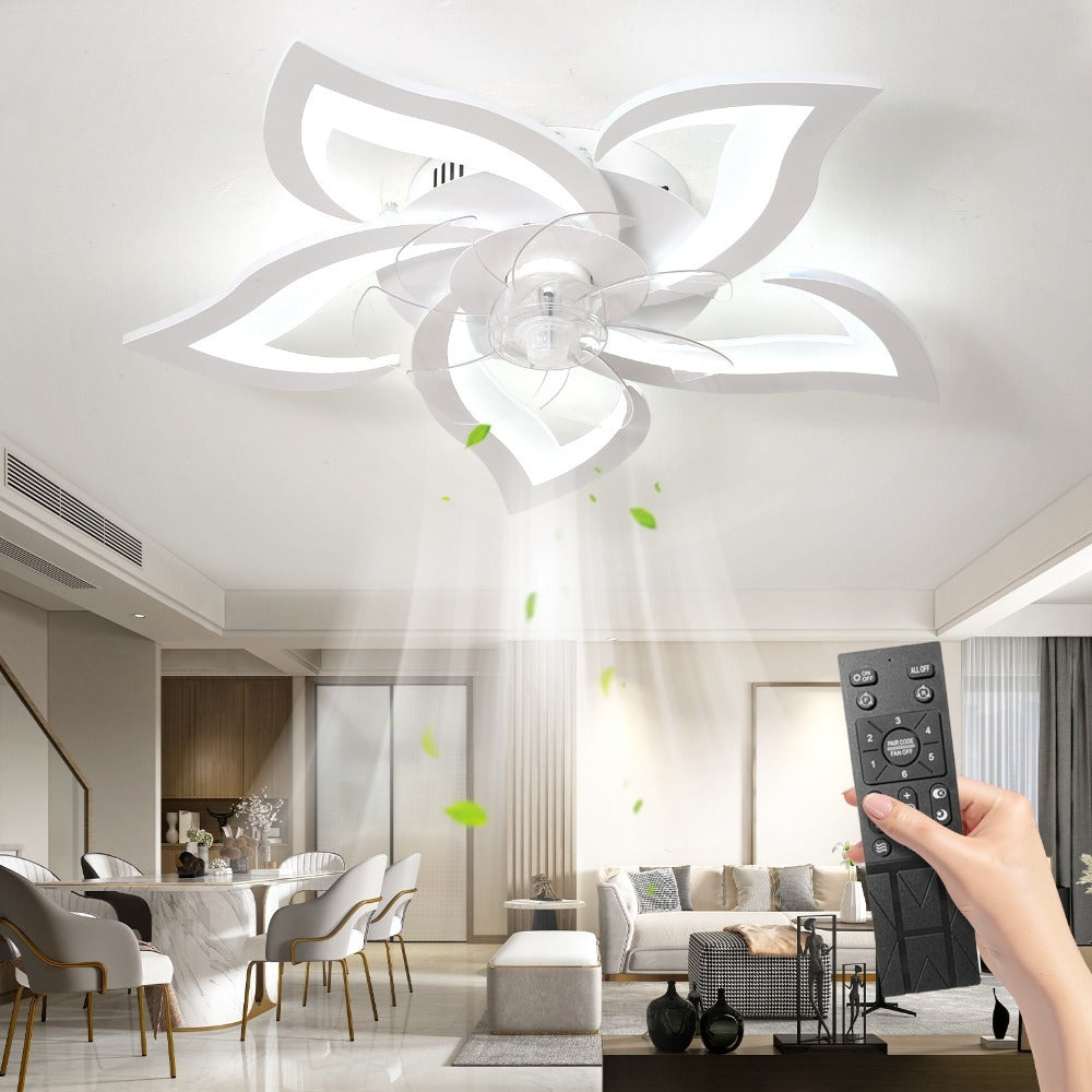 Lámpara de techo LED silenciosa con ventilador y iluminación, lámpara de techo para dormitorio con control remoto y aplicación, lámpara regulable con ventilador, 5 luces, pantalla de acrílico con forma de flor, sala de estar, cocina, 69 cm