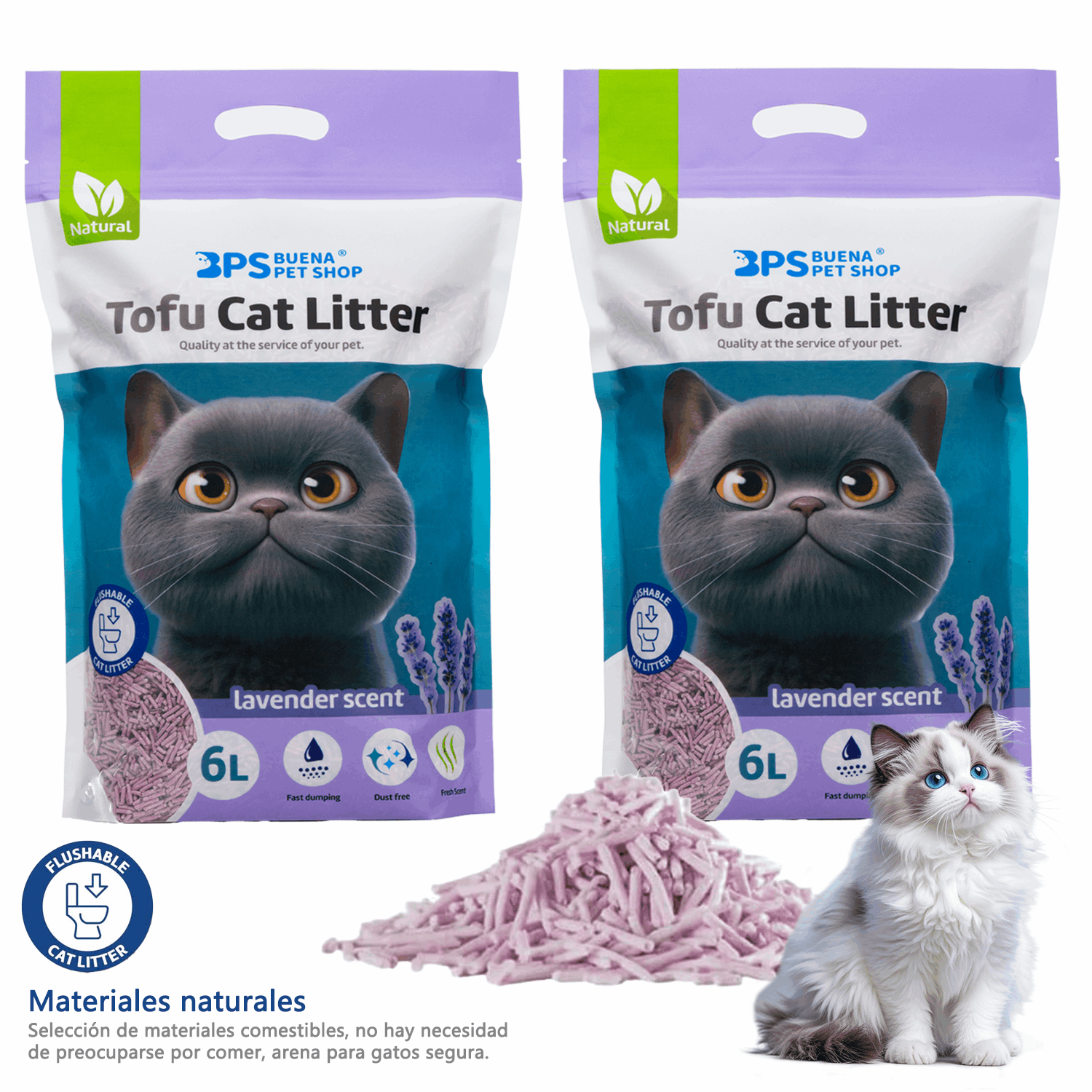 2 Paquetes de Arena para Gatos con Tofu, 6L Cada Uno, Fuerte Absorbencia, Fácil Compacidad, Desagotable, Sin Polvo, Múltiples Aromas Disponibles, Suministros para Mascotas, Sin Polvo Fácil de Aglomerar y Controla Olores -y Segura para Gatitos