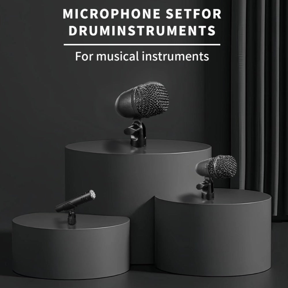 Juego de 7 micrófonos dinámicos de metal para batería - Adecuados para grabación profesional de batería con micrófonos para bombo, tom/snare y platillos, equipados con pinzas para micrófono