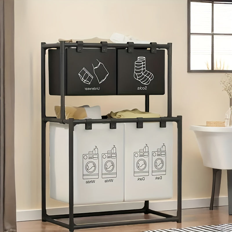 Cesta de Ropa Plegable Doble Capa con 4 Bolsas Desmontables, Cesto Multifuncional Ahorrador de Espacio, Material Duradero, Diseño Enrollable, Fácil Instalación, Color Moderno, Ideal para Dormitorio, Baño y Cocina, Esenciales para el Hogar,Organizador Mult