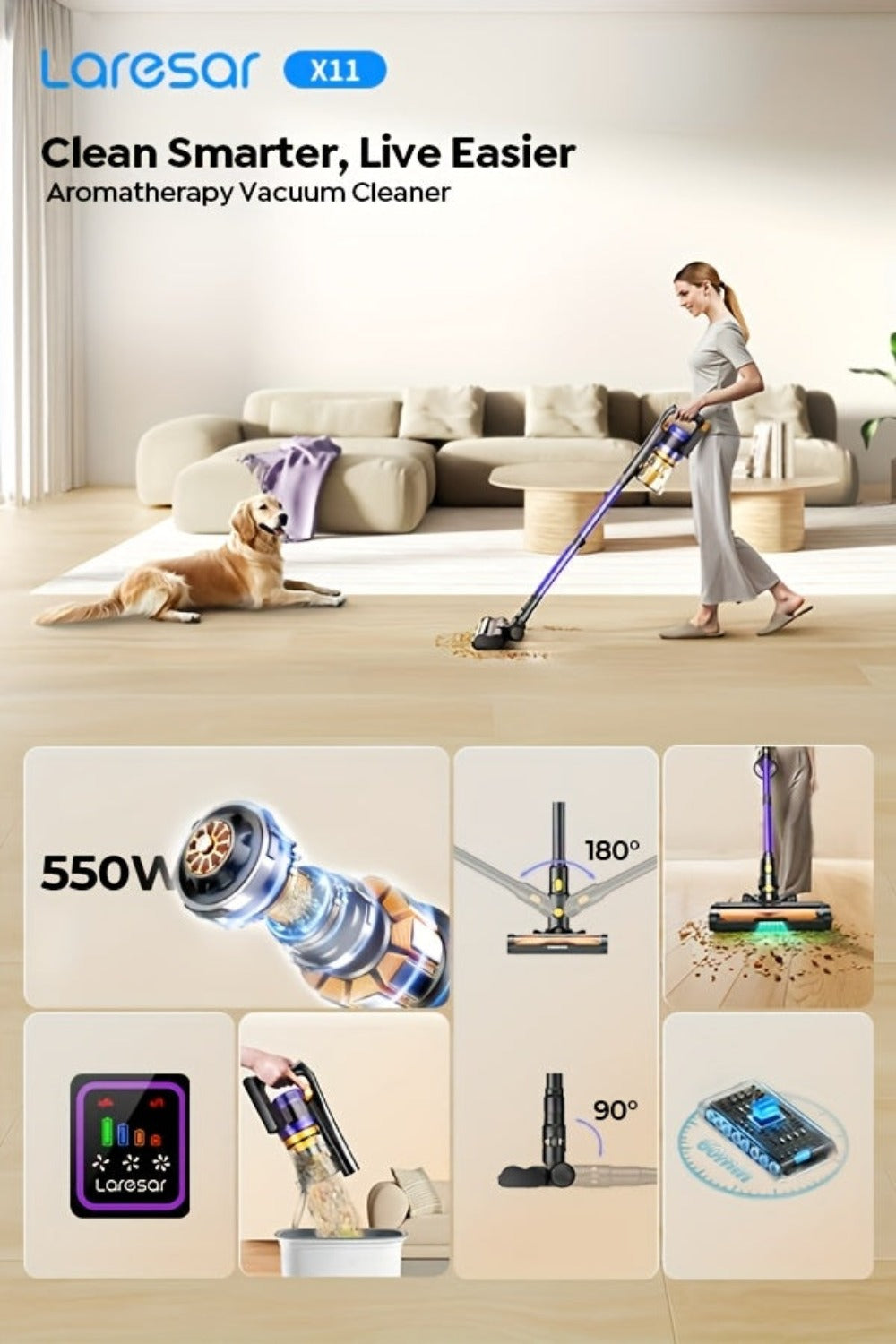 Laresar X11 Aspiradora Inalámbrica 550W/46Kpa para el hogar, Aspiradora de varilla anti-enredos de 60 minutos, Aspiradora recargable de doble mano ligera con aromaterapia para pelo de mascotas, alfombras y pisos, limpieza de primavera