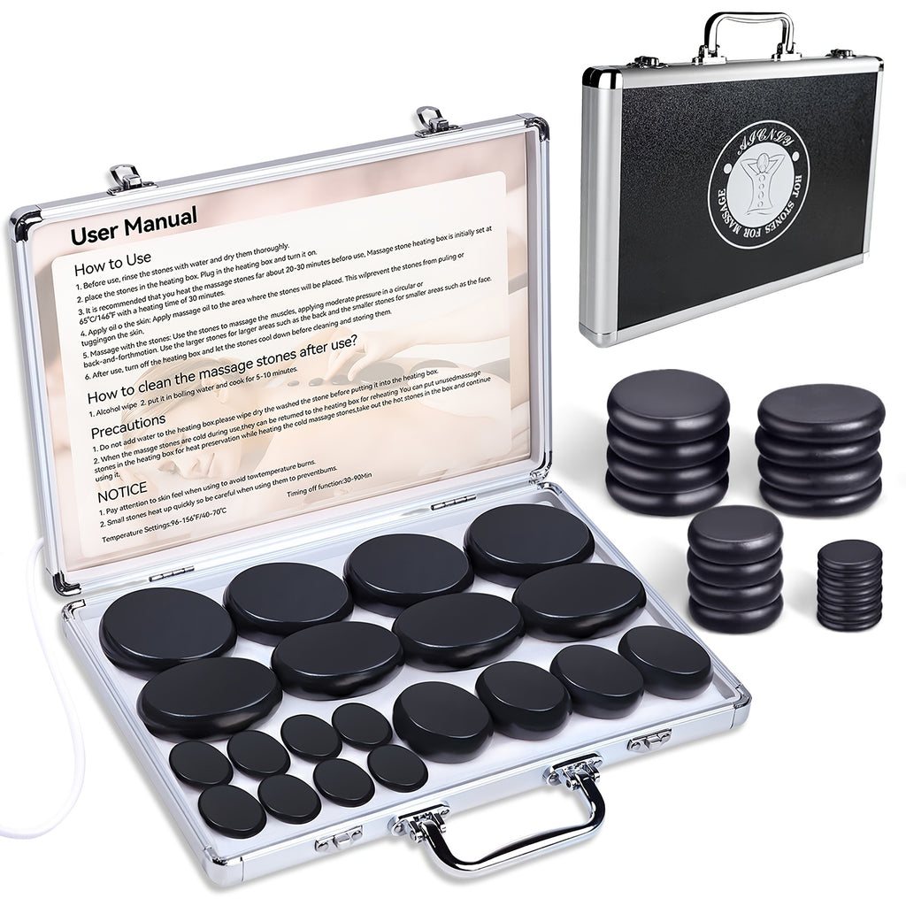 Set de Masaje con Piedras Calientes, Herramientas Profesionales de Masaje Spa, para Cuello, Espalda, Piernas, Pies, Masaje de Cuerpo Completo, Set de 10/20 Piezas de Piedras Calientes Ajustable de Temperatura de 7 Velocidades