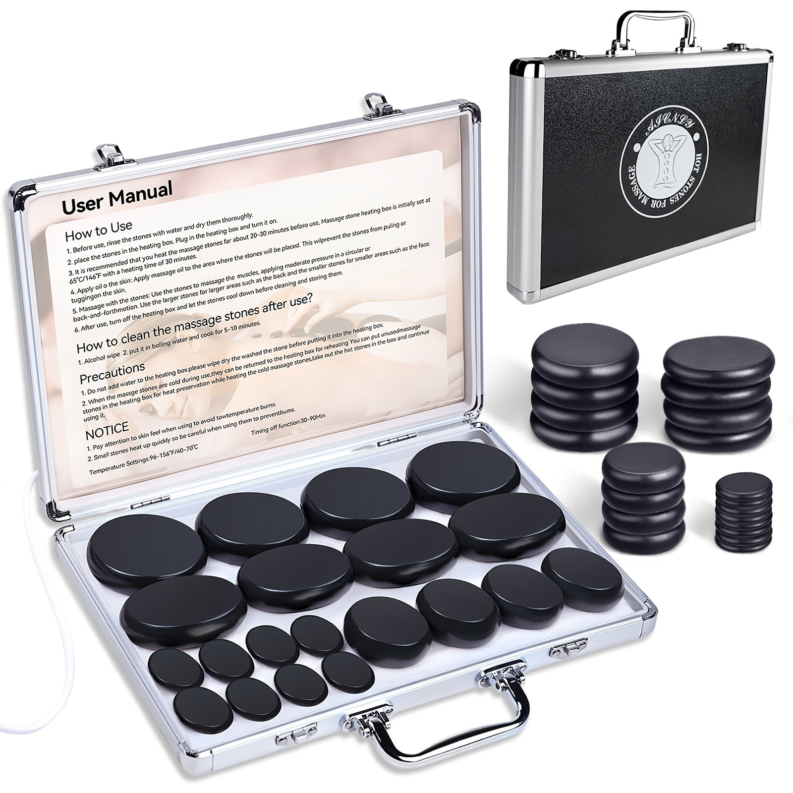 Set de Masaje con Piedras Calientes, Herramientas Profesionales de Masaje Spa, para Cuello, Espalda, Piernas, Pies, Masaje de Cuerpo Completo, Set de 10/20 Piezas de Piedras Calientes Ajustable de Temperatura de 7 Velocidades
