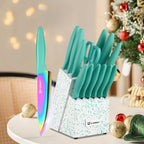 Juego de cuchillos de cocina de acero inoxidable con revestimiento antiadherente, juego de 15 cuchillos de cocina profesionales con bloque de madera negra, mango de ABS antideslizante para cuchillos de chef, tabla de cortar de plástico y tijeras de cocina