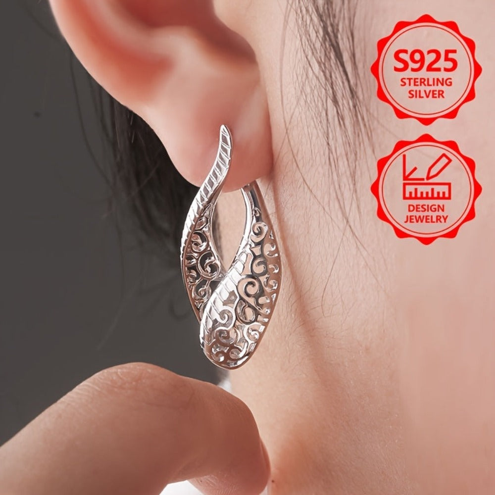 Pendientes de aro clásicos de moda para damas, 925 de plata de ley, sencillos, elegantes, diseño calado exquisito, pendientes exquisitos para damas, perfectos para viajes diarios, un regalo perfecto de recuerdo de vacaciones para ti y tus amigos, con caja