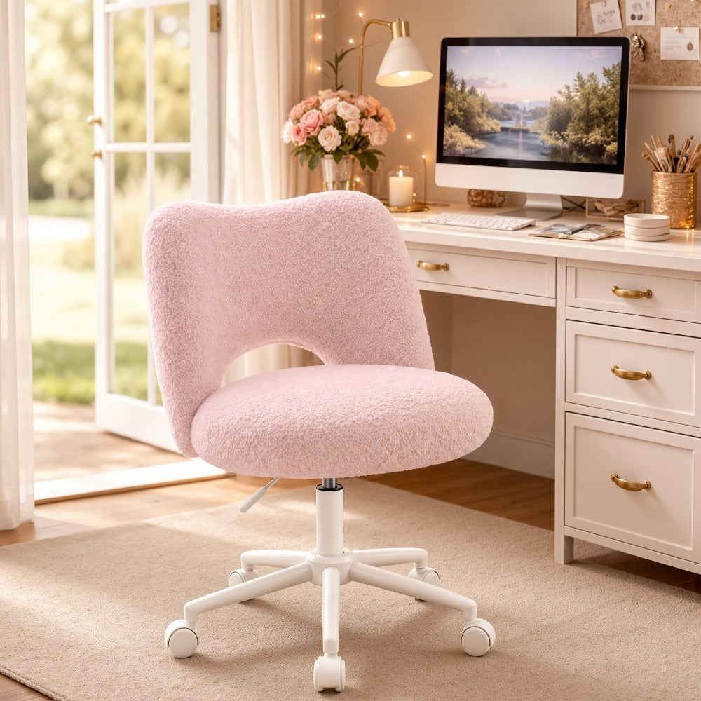 Klyvvo Silla de Escritorio con Ruedas, Silla de Maquillaje con Tejido Teddy Transpirable, Altura Ajustable, Ideal para Oficina, Hogar, Regalo Familiar, Soporta Hasta 150 Kg, Disponible en Rosa, Blanco y Gris