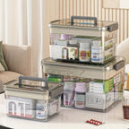 Caja de almacenamiento de medicamentos transparente de gran capacidad con asa y tapa, impermeable, adecuada para cajas de almacenamiento de varias capas para artículos esenciales del hogar y la oficina.