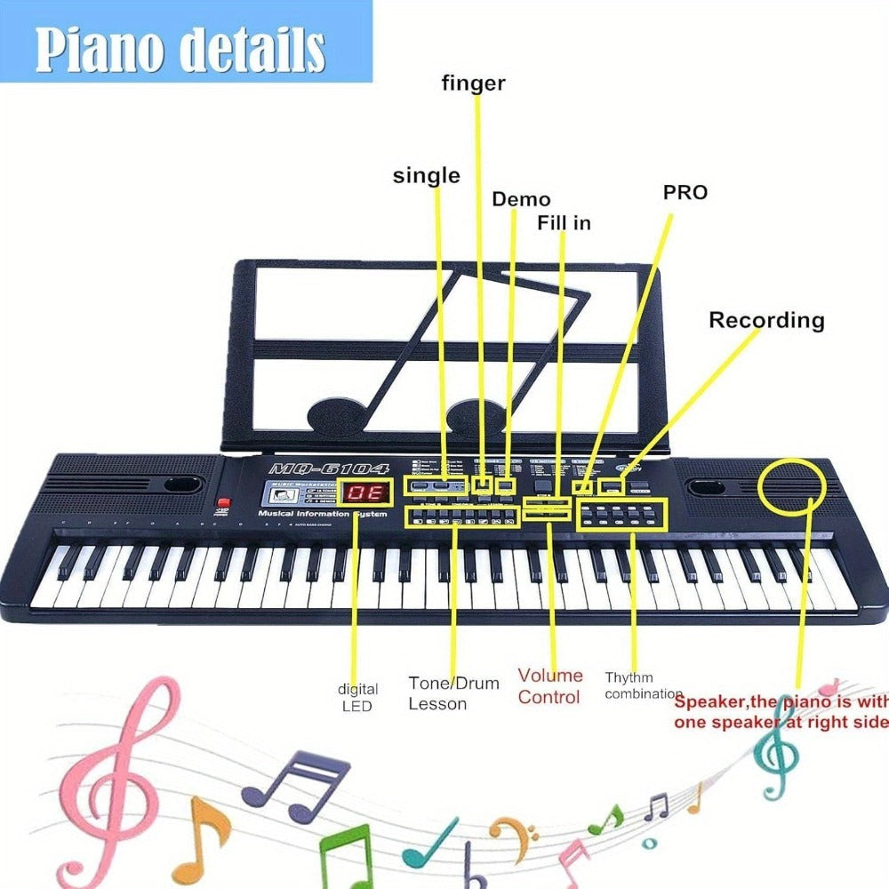 Teclado de Piano Digital de 61 Teclas con Micrófono, Teclado de Piano Musical Portátil, Teclado Electrónico Multifuncional, Instrumento Musical de Teclado para Piano, Regalos de Cumpleaños para Principiantes (Con Pantalla LCD)