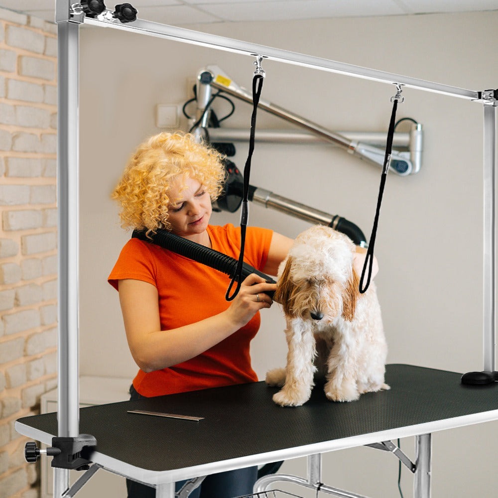 Mesa de peluquería ajustable en altura para perros y gatos, con hebilla y diseño plegable