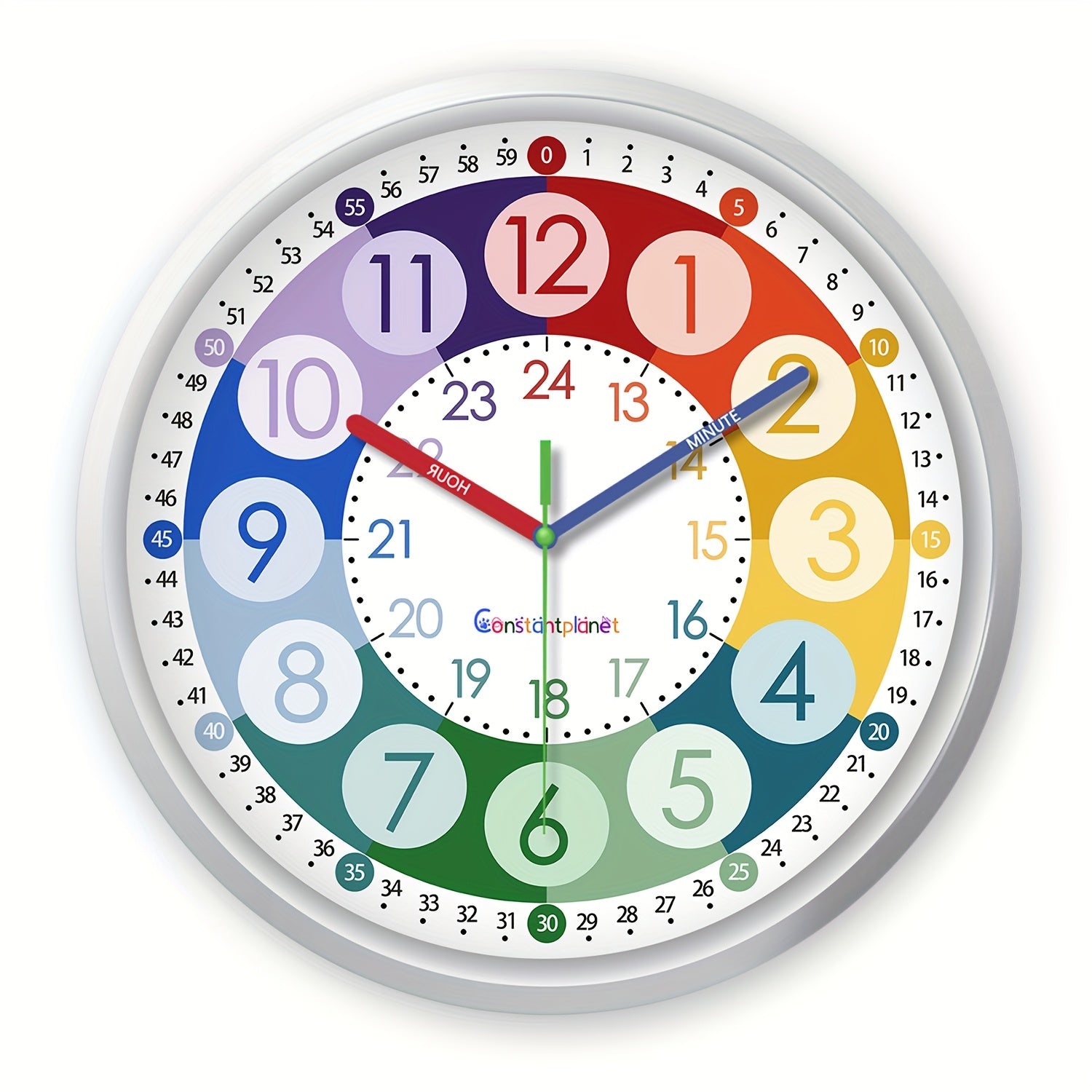 Reloj de pared de plástico con dibujos animados coloridos, con secciones de código de color para una fácil lectura, reloj silencioso de 20.32-30.48 cm (sin tic-tac), funciona con pilas, adecuado para aulas, dormitorios, salas de juegos, decoraciones de pa