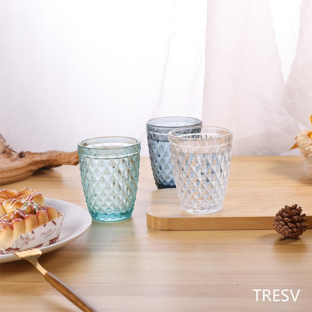 TRESV Set de 6 Vasos de Cristal 250ml | Diseño de Diamante Elegante | Aptos para Lavavajillas | Vidrio Sin Plomo para Agua y Refrescos