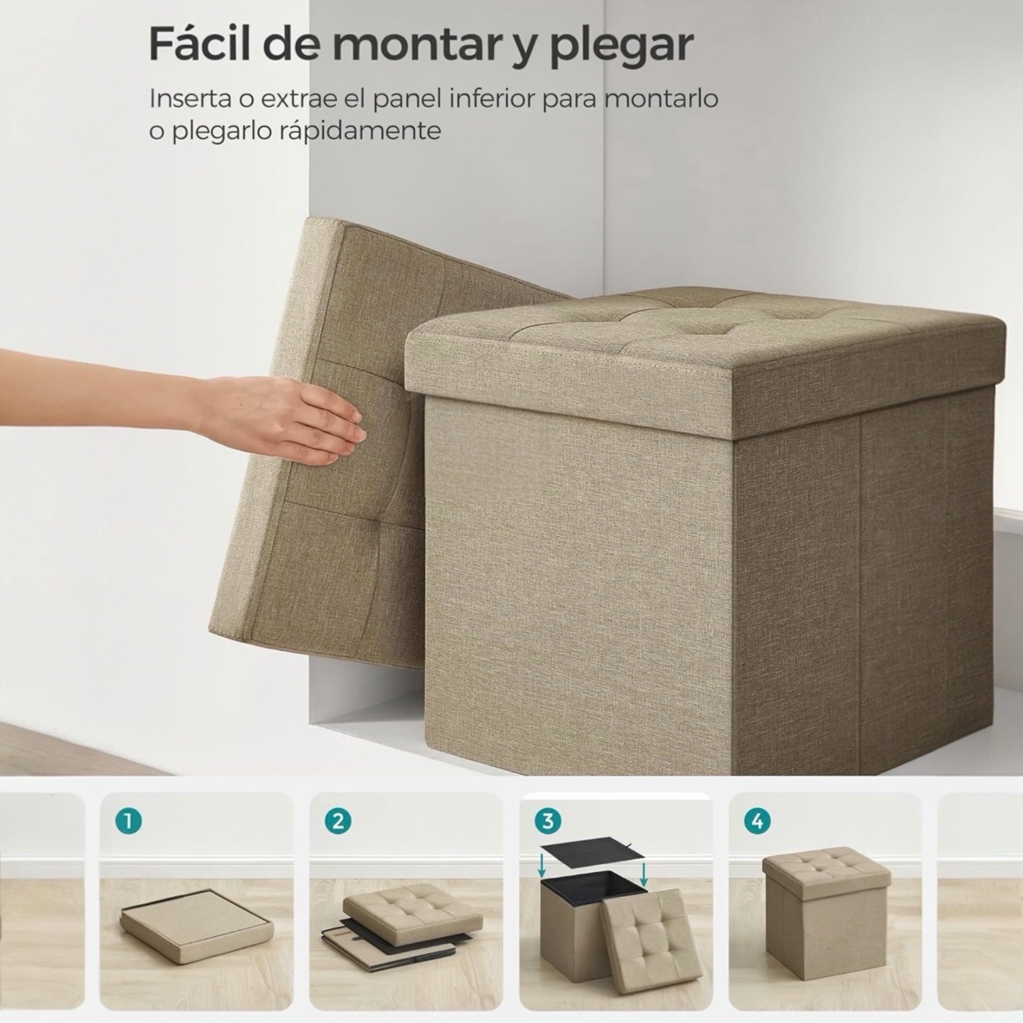 Puff o Banco de almacenaje Plegable | Taburete Reposapiés Otomana | Baúl de Almacenamiento | Taburete Reposapiés.para Cama, Dormitorio, salón, Comedor o Recibidor | 38x38x38cm | Soporta 300kg.