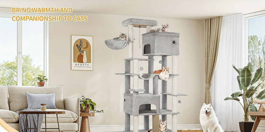 Árbol para gatos, Árbol para gatos XXL de 200 cm con 10 postes para rascar, 2 cuevas, 2 hamacas, plataforma grande, cepillo para gatos, cesta, árbol para gatos resistente para Maine Coon y gatos más grandes, gris claro/gris oscuro/beige