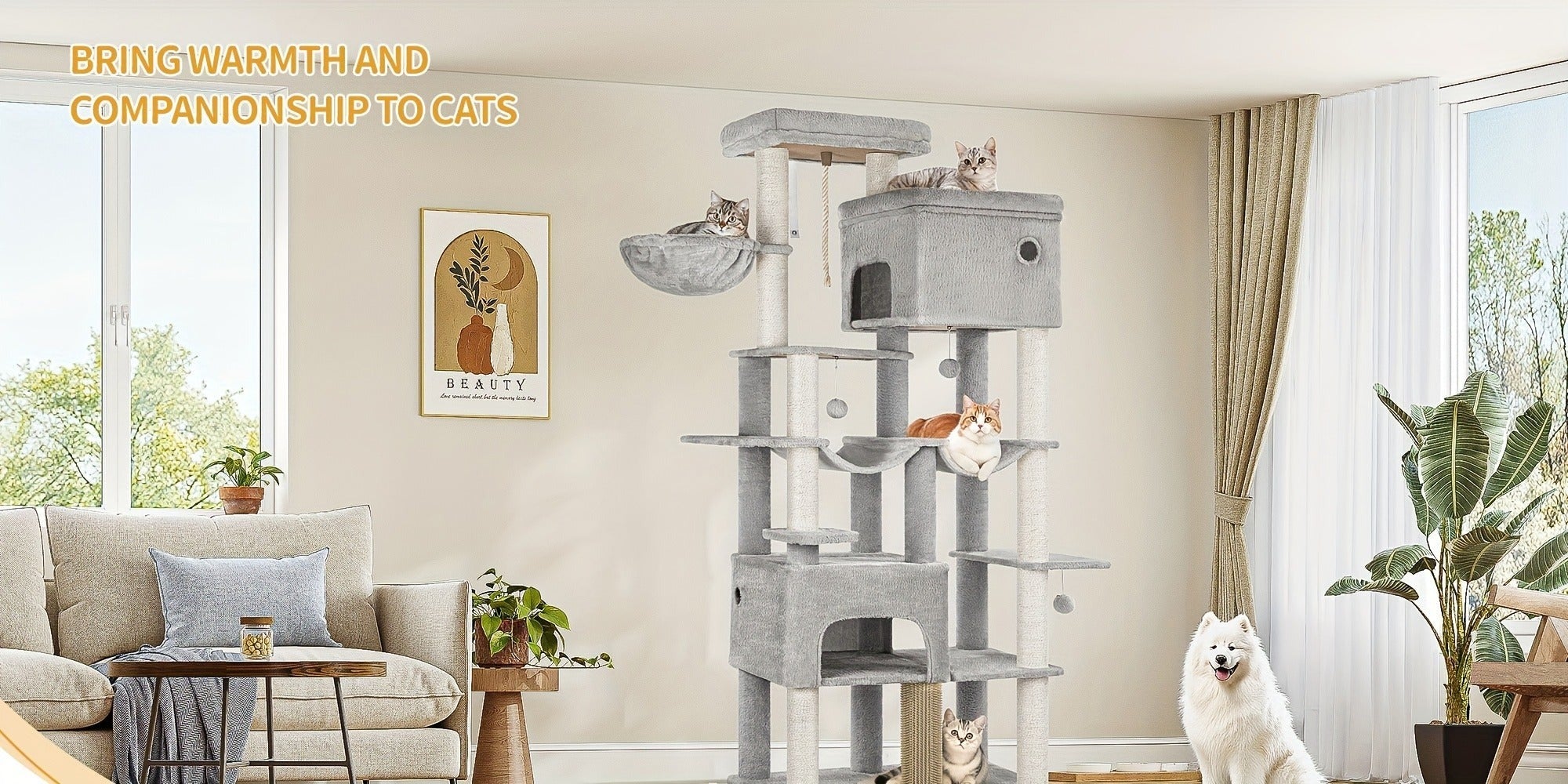 Árbol para gatos, Árbol para gatos XXL de 200 cm con 10 postes para rascar, 2 cuevas, 2 hamacas, plataforma grande, cepillo para gatos, cesta, árbol para gatos resistente para Maine Coon y gatos más grandes, gris claro/gris oscuro/beige