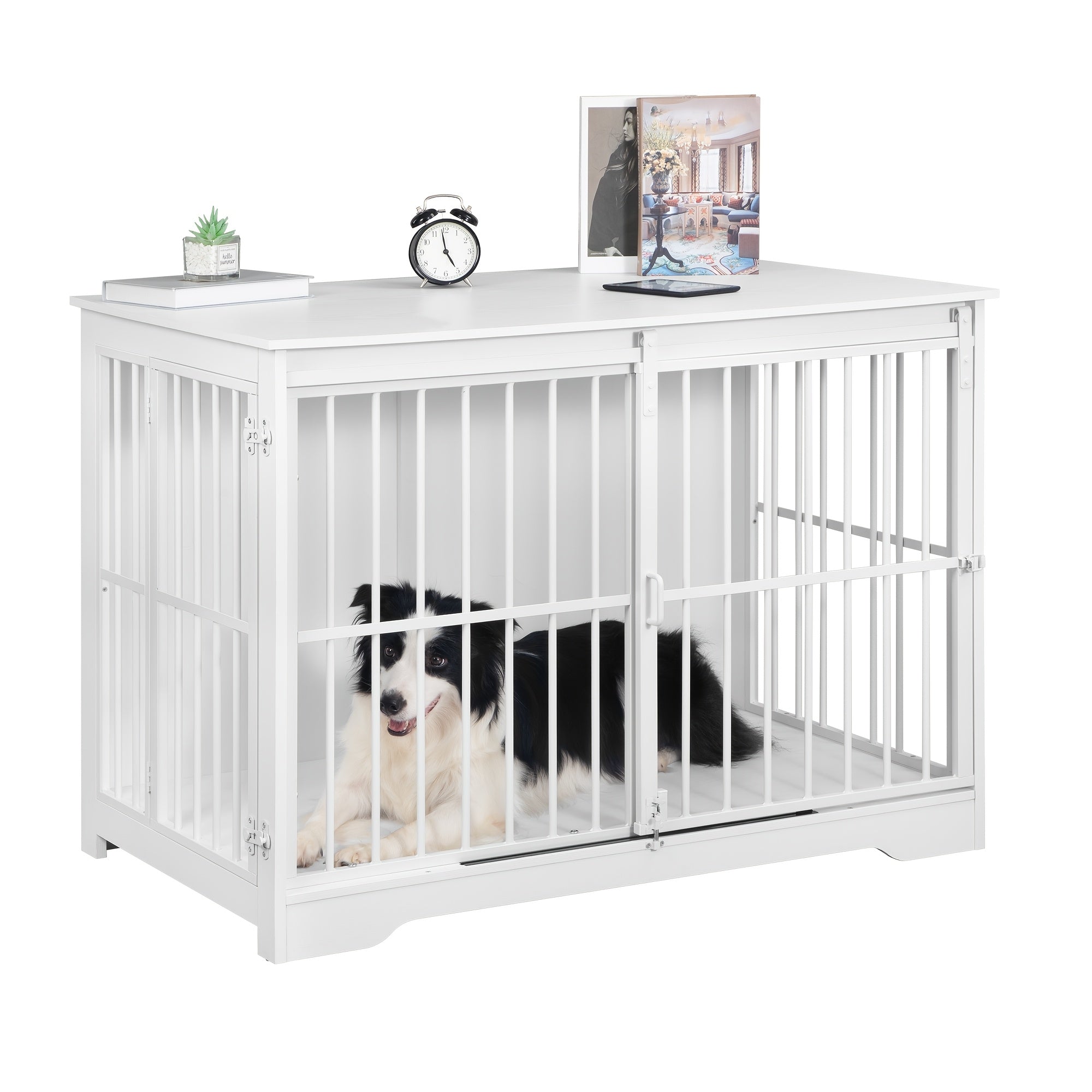 Jaula para Perros de Mueble, 110 cm, 2 Puertas, Jaula Moderna para Interiores, Adecuada para Perros Pequeños/Medianos/Grandes de hasta 100 kg, Mesa Lateral, Puertas Corredizas Reforzadas, 65 × 110 × 81 cm, Marrón Vintage