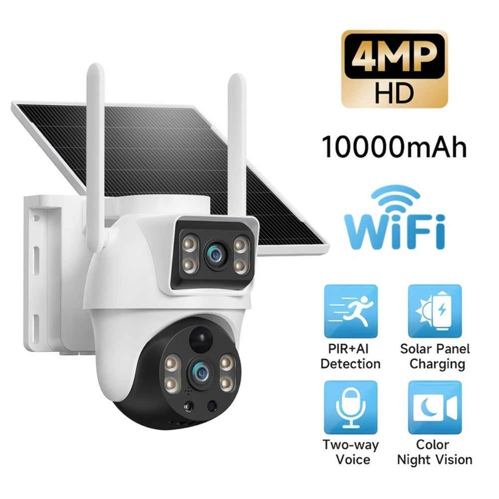Cámara de seguridad XIAOVV de doble lente y doble pantalla, cámara de seguridad inteligente con energía solar, monitoreo PTZ giratorio de 360°, equipada con panel solar y batería, detección de movimiento, visión nocturna en color, adecuada para hogar/nego