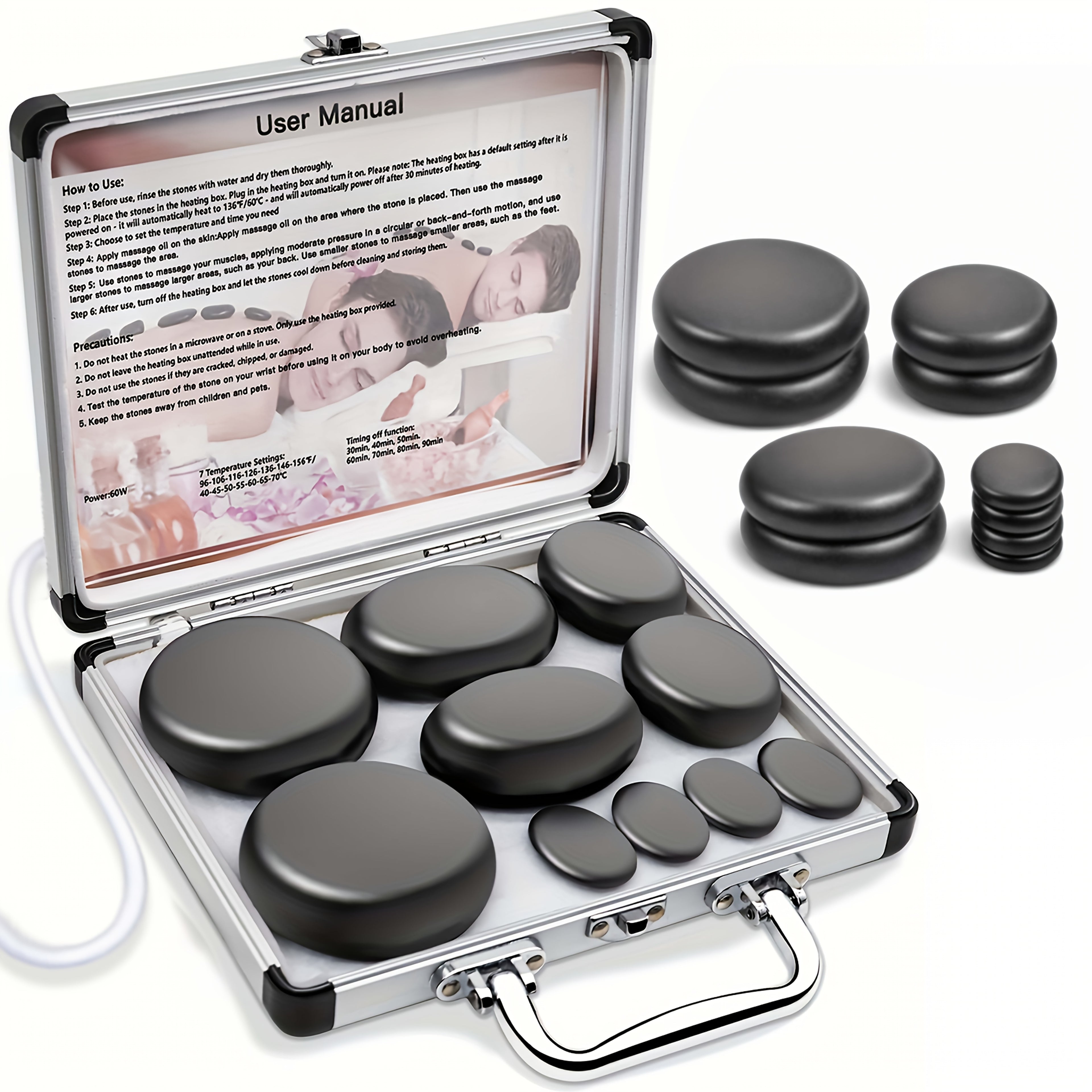 Juego de masaje con piedras calientes con control de temperatura - Kit calentador de piedras calientes de basalto de 10 piezas / Kit calentador de piedras calientes de basalto de 20 piezas, herramientas profesionales de masaje de spa, apto para masaje de