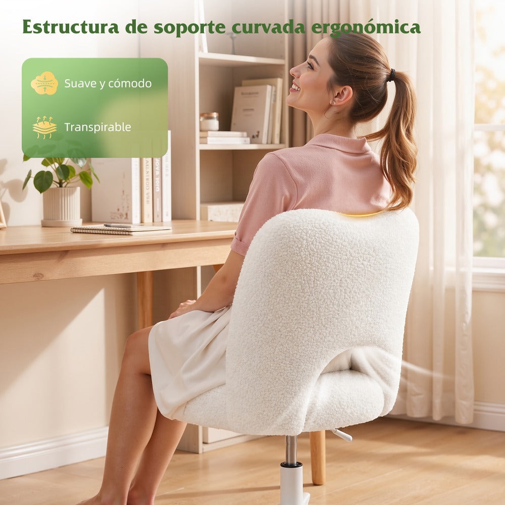 Klyvvo Silla de Escritorio con Ruedas, Silla de Maquillaje con Tejido Teddy Transpirable, Altura Ajustable, Ideal para Oficina, Hogar, Regalo Familiar, Soporta Hasta 150 Kg, Disponible en Rosa, Blanco y Gris