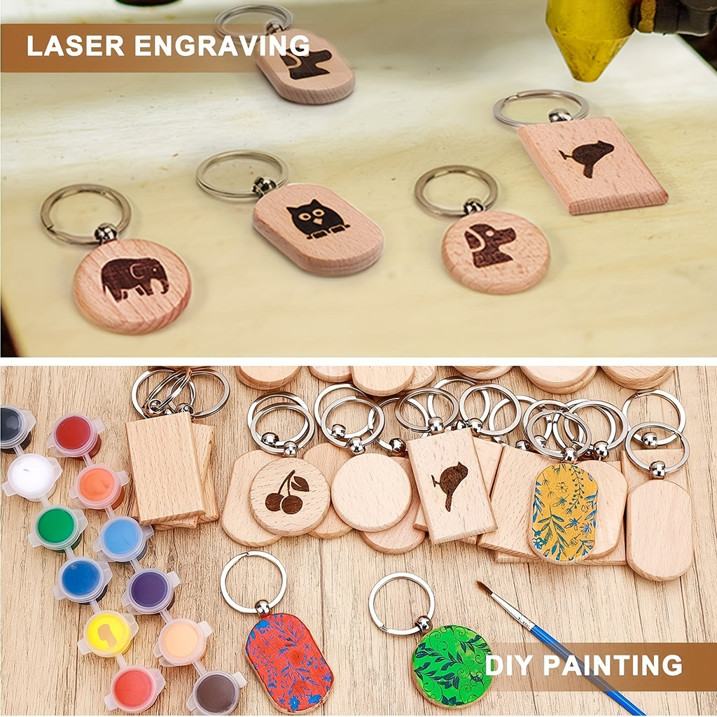 Dofiki Juego de 30/60 Llaveros de Madera, Redondos/Cuadrados/Ovalados, Grabados con Láser, Adecuados para Regalos Hechos a Mano de Bricolaje, Varios Llaveros y Etiquetas para Llaves