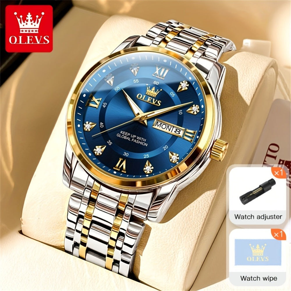 OLEVS Reloj de Lujo para Hombre, Diseño Elegante de Negocios con Diamantes de Imitación, Cuarzo Clásico de Acero Inoxidable para Hombre, Calendario Diurno Luminoso, Ideal para Regalos Románticos, Disponible en Esfera Azul/Negro/Blanco/Dorado