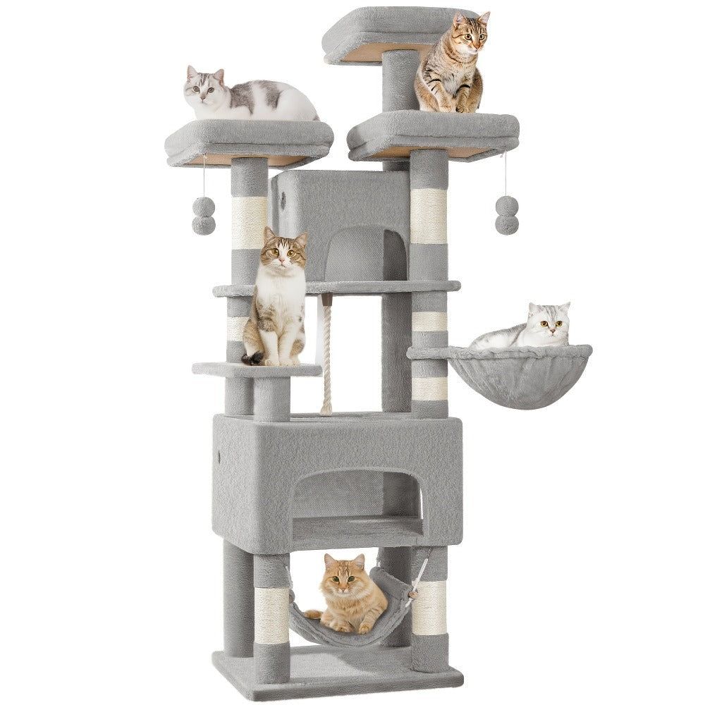 Árbol para Gatos, 176cm, Tamaño XL con 3 Plataformas, 2 Cuevas, 7 Postes Rascadores, Hamaca y Pelota de Felpa – Ideal para Familias de Gatos en Gris Claro/Gris Oscuro Beige, Torre de Escalada para Mascotas, Enriquecimiento Felino, Árbol Ahorra Espacio, Mu