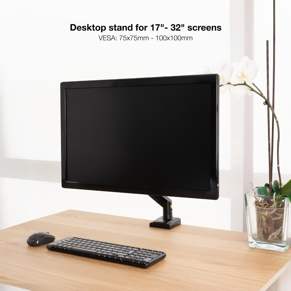 Soporte de brazo único para monitor de TV/computadora, diseño ergonómico, inclinación y rotación bidireccionales, altura ajustable, de acero, incluye 3 destornilladores portátiles.