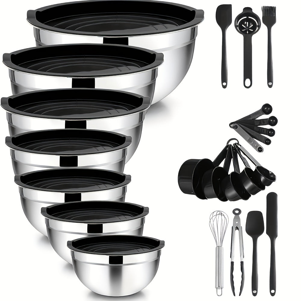 Juego de 7 cuencos de ensalada premium de acero inoxidable con tapas, juego de cuencos apilables, cuencos gruesos duraderos, aptos para ensaladas, aptos para lavavajillas y microondas, ideales para Navidad, Hanukkah, Pascua, Acción de Gracias, almacén loc