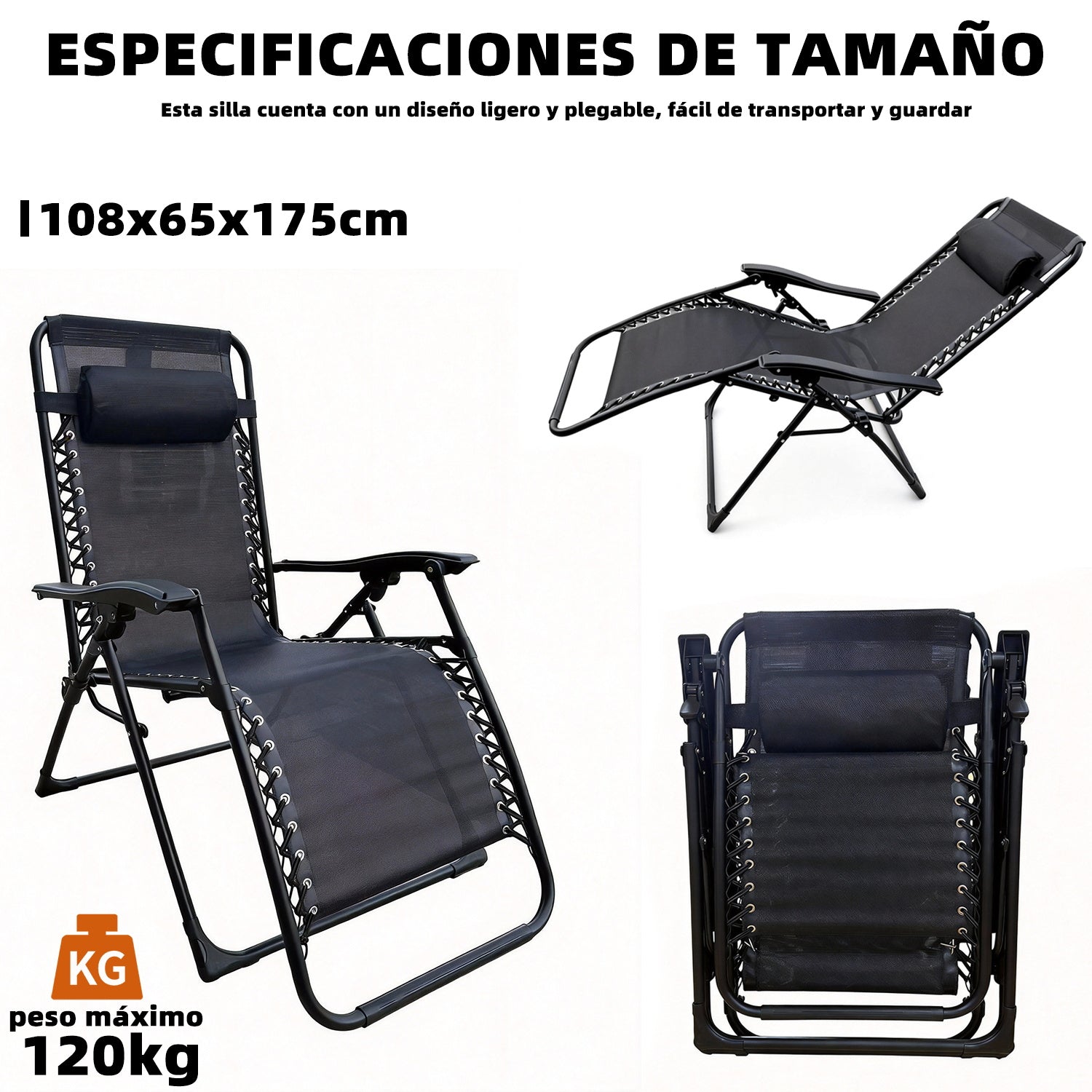 Tumbona Plegable Gravedad Cero Exterior, Silla Reclinable Ajustable Reforzada (Carga Máx 120kg), Portátil y Antideslizante para Jardín, Playa y Camping
