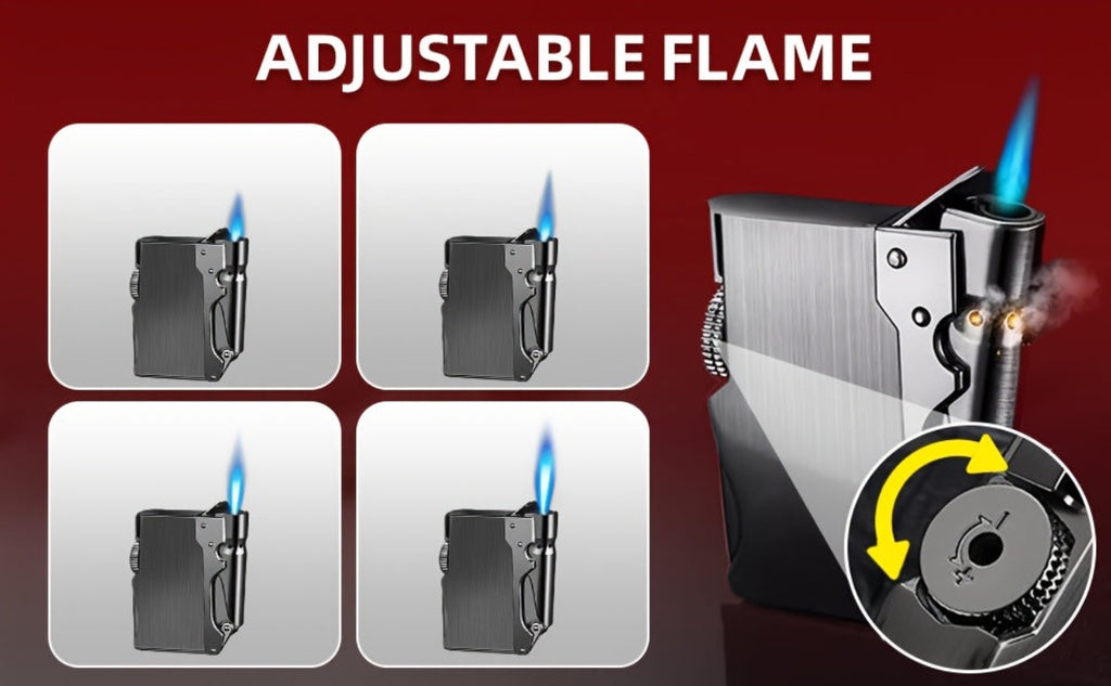 Encendedor inflable de chorro directo cortavientos, regalo para hombre, llama azul, chorro directo, encendedor de cañón de acero grande dorado (gas no incluido)