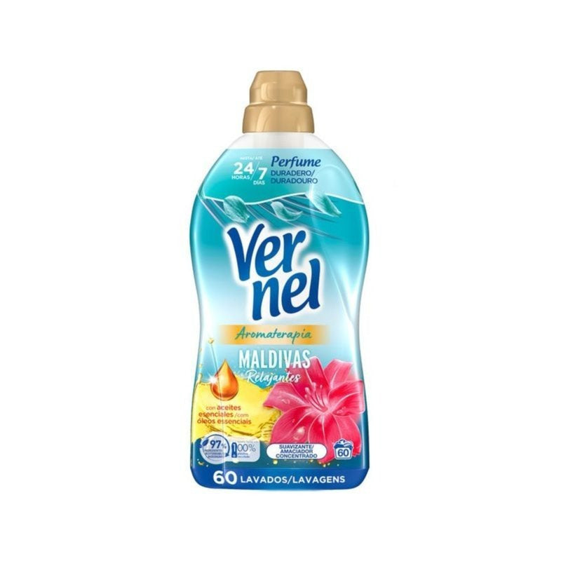 Paquete de 4 suavizantes de tela Vernel de aromaterapia para 4*60 lavados (Maldivas-Delicado, Lirio Irresistible, Té Blanco/Té) - Paquete de 4 suavizantes de tela Vernel de aromaterapia Cielo Azul para 4*55 lavados - Paquete de 4 suavizantes de tela Verne