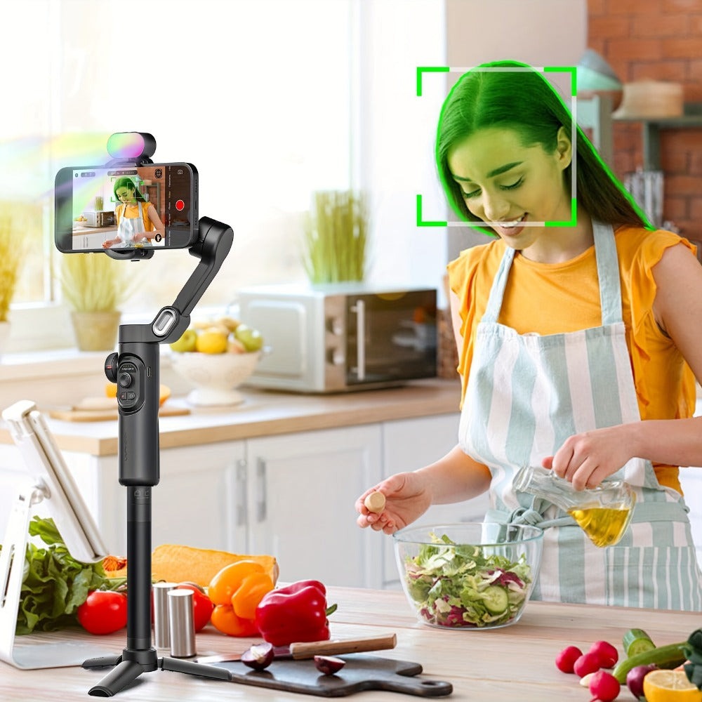 Estabilizador cardán AOCHUAN en forma de 7 de 3 ejes para smartphone, aplicación AOCHUAN, antivibración, enfoque/zoom de precisión, seguimiento de rostro/objeto, varilla plegable extensible de 73 cm, luz RGB, múltiples modos de fotografía, adecuado para v
