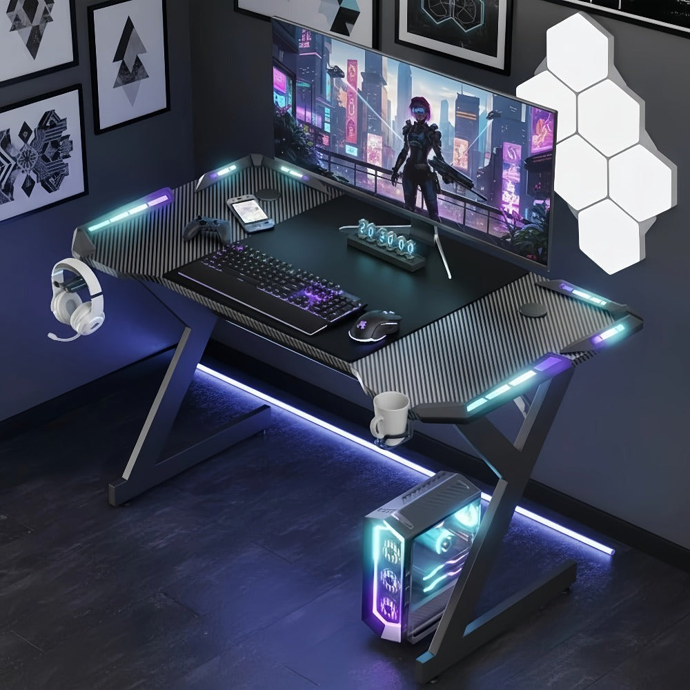 Escritorios de oficina y estaciones de trabajo para computadora con luces LED, escritorio ergonómico para gaming con superficie de fibra de carbono, estación de trabajo robusta para PC para hogar/oficina con gancho para auriculares, portavasos,