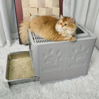 Arenero para gatos de acero inoxidable con entrada frontal y salida superior, diseñado para facilitar la limpieza, ideal para gatos y otras mascotas