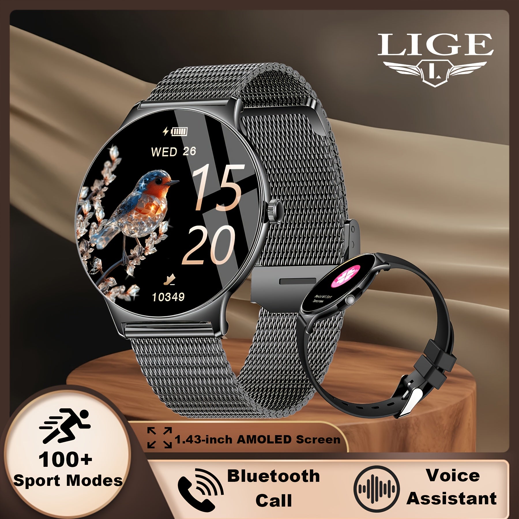 LIGE Smartwatches Diseñados para Mujer con Pantalla Táctil AMOLED de 1.43 Pulgadas, Capaces de Hacer y Recibir Llamadas, un Smartwatch Fitness con Más de 100 Modos Deportivos, un Podómetro, Notificaciones de Mensajes de Texto, Control de Música y Cámara