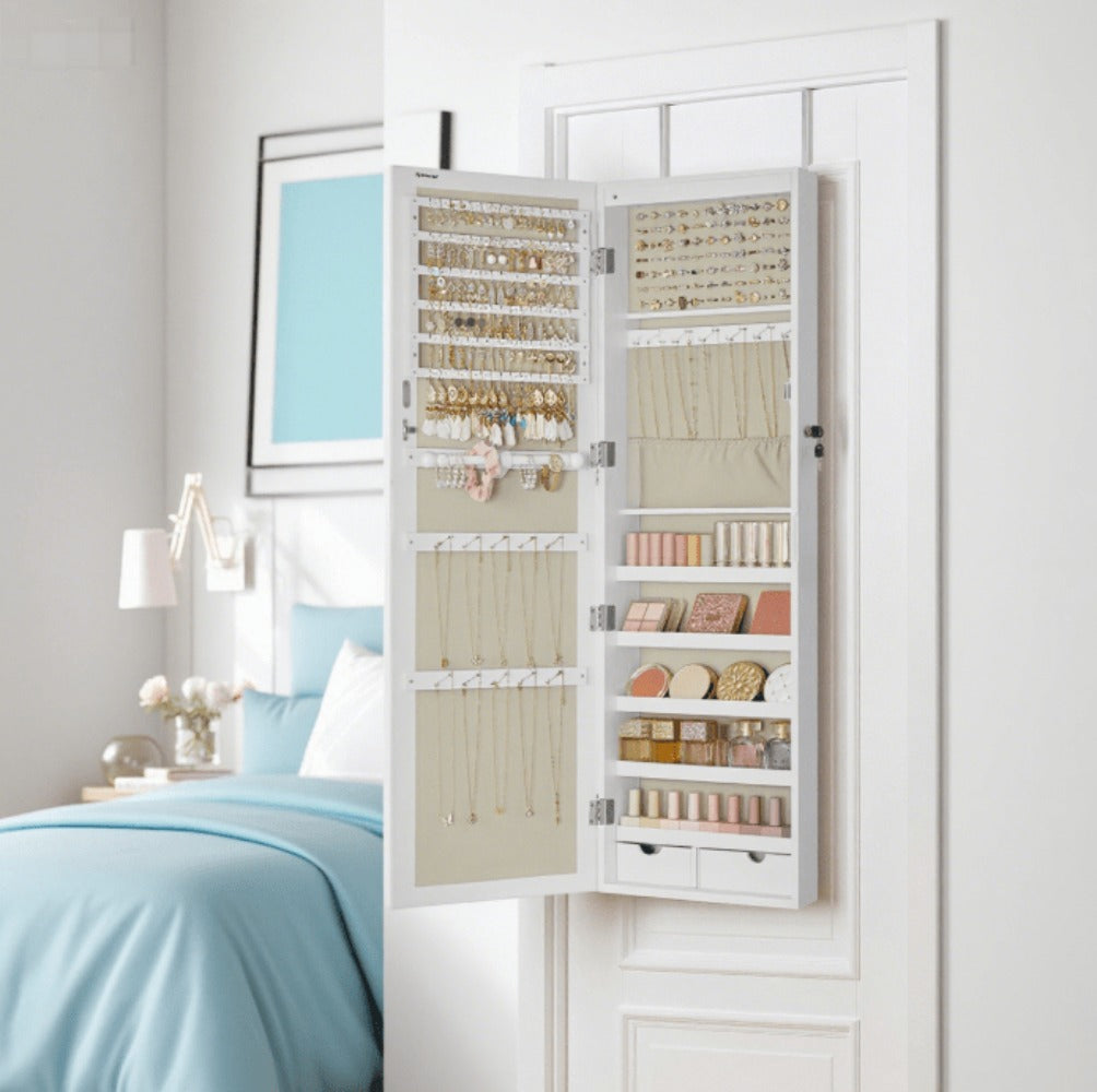 Armario Joyero Con Espejo, Joyero Para Pared O Puerta, Con Cerradura, 2 Cajones, 10 X 37 X 120 Cm, organizador pulseras collares pendientes anillos, diseño moderno accesorios joyas decoración dormitorio elegante, Regalos de Festivos, Regalos de Navidad