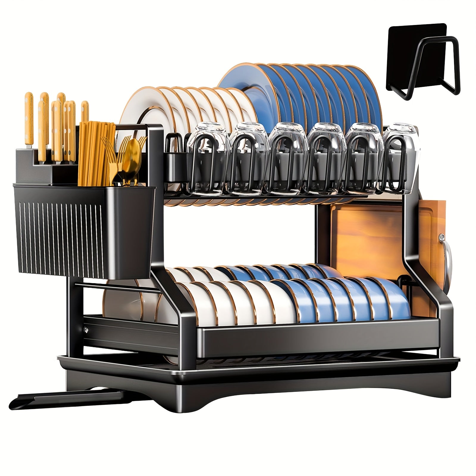 Escurridor de platos de 2 niveles de alta resistencia tipo acero con escurridor ajustable, escurridor giratorio, soportes para utensilios y tazas, organizador de encimera de cocina que ahorra espacio - Escurridor de platos compacto para platos, ollas, sar