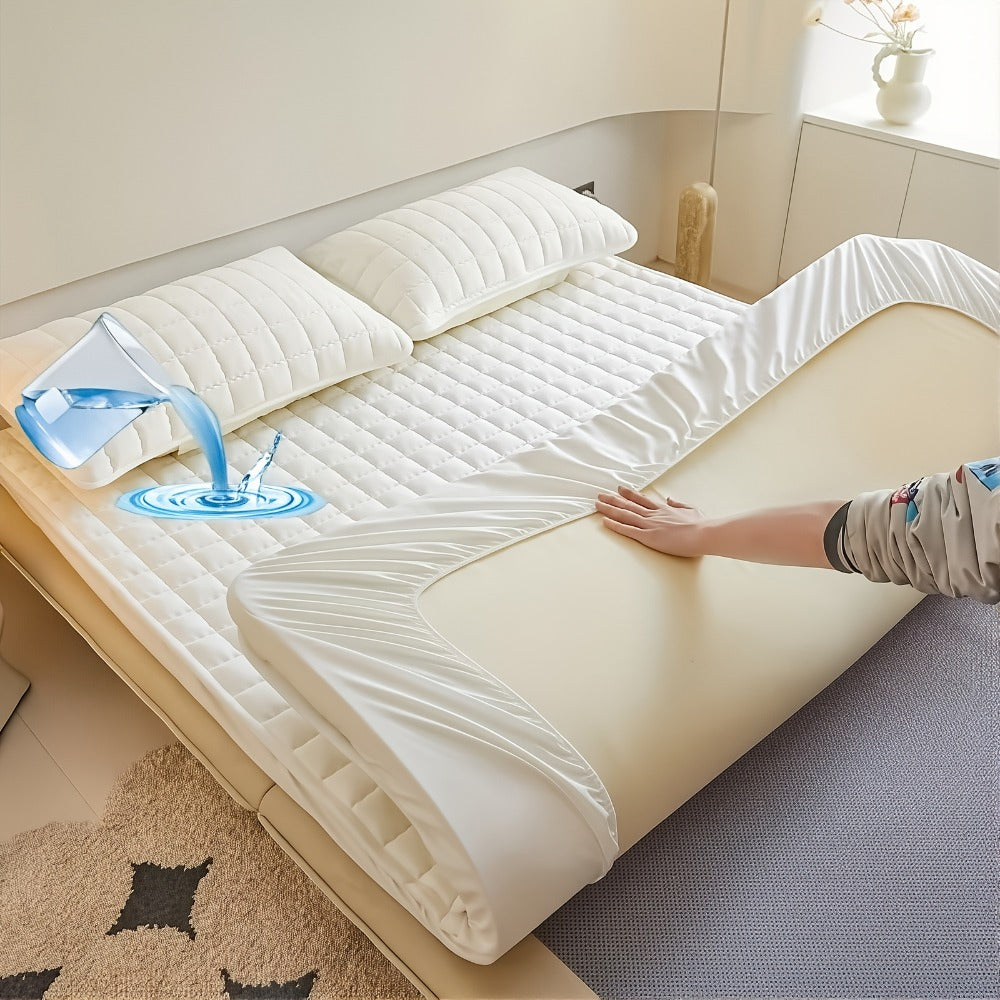 1 pieza Protector de colchón impermeable de alta calidad, sábana bajera ajustada, fabricada con tecnología de gofrado Soundwave, cubrecama suave y cómodo, lavable a máquina, apto para dormitorios, hoteles, residencias estudiantiles, fundas de almohada y r