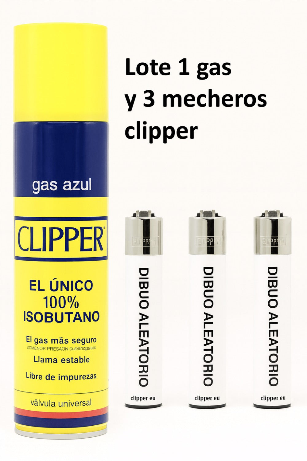 Lote botella de gas Isobutano y 3 mecheros aleatorios con dibujos modernos y nuevas colecciones de clipper.
